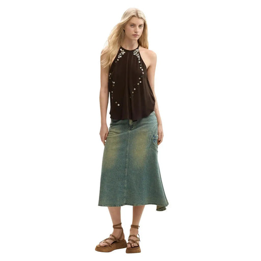 Desigual Damen braunes ärmelloses Lyocell-Top top mit Neckholder und silbernen Verzierungen entlang des Ausschnitts und der Seiten