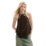 Desigual Damen braunes ärmelloses Lyocell-Top top mit Neckholder und silbernem Paillettenmuster mit vertikalen Linien