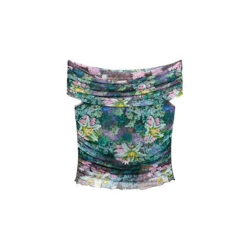 Desigual-Frauen top Hellblaues, geblümtes Kleid mit U-Boot-Ausschnitt und geraffter Schulterpartie, das mit einem lebhaften Blumenmuster in Grün und Lila bedruckt ist.