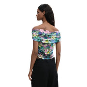 Desigual-Frauen top Hellblaues, geblümtes Kurzarmkleid mit U-Boot-Ausschnitt, schulterfreiem Raffdesign und farbenfrohem Blumenmuster