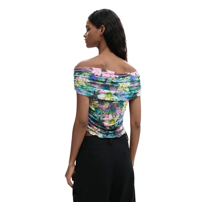 Desigual-Frauen top Hellblaues, geblümtes Kurzarmkleid mit U-Boot-Ausschnitt, schulterfreiem Raffdesign und farbenfrohem Blumenmuster