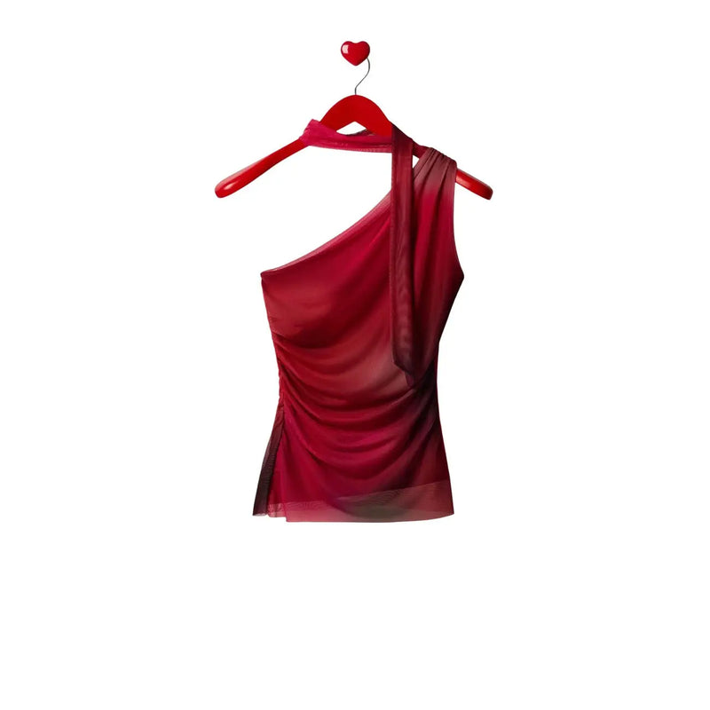 Desigual-Frauen top rotes ärmelloses, transparentes One-Shoulder-Kleid top mit fließendem Stoff und figurbetonter Silhouette