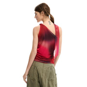 Desigual-Frauen top rotes ärmelloses Top mit einem Schulterträger top zeigt den lebendigen roten und schwarzen Farbverlauf, der asymmetrisch zurückfließt