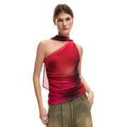 Desigual-Frauen top rotes ärmelloses Top mit einem Schulterträger top mit einem lebhaften, asymmetrischen Drapierungsdesign, das in einen dunkelburgunderroten Saum ausläuft.