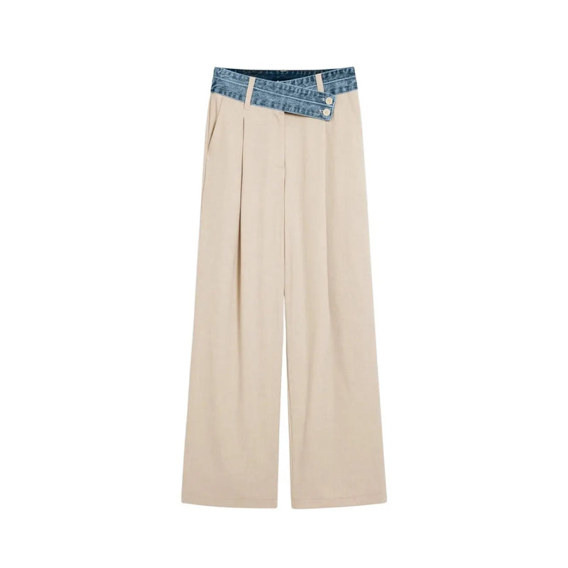 Beige Damenhose mit weitem Bein, Jeansbund und zwei Knöpfen aus Viskosemischung von Desigual