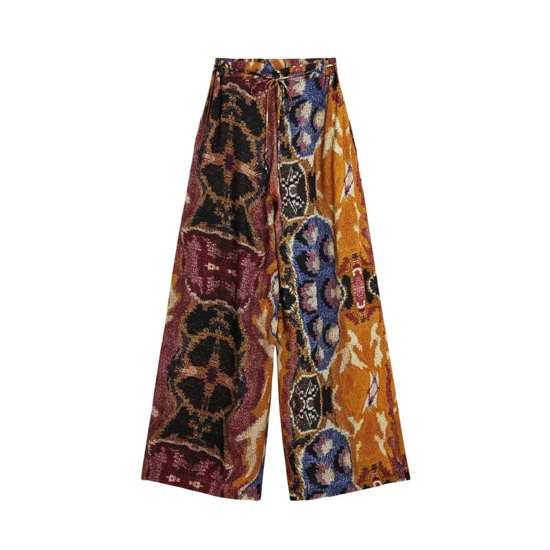 Desigual Damenhose aus senffarbenem Viskosestoff mit Gürtel, weitem Bein, leuchtend orange, bordeauxrot, blau und schwarz, mit Bindegürtel