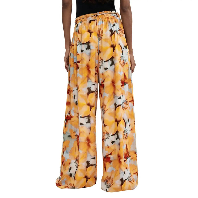 Desigual Damenhose, orange, mit Blumenmuster, Viskose, weites Bein, mit leuchtendem gelb-weiß-schwarzem Blumenmuster