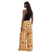 Desigual Damenhose, orangefarbene Viskose mit Blumenmuster und gelbem Blumenmuster, weites Bein, leichtes Material und elastischer Bund