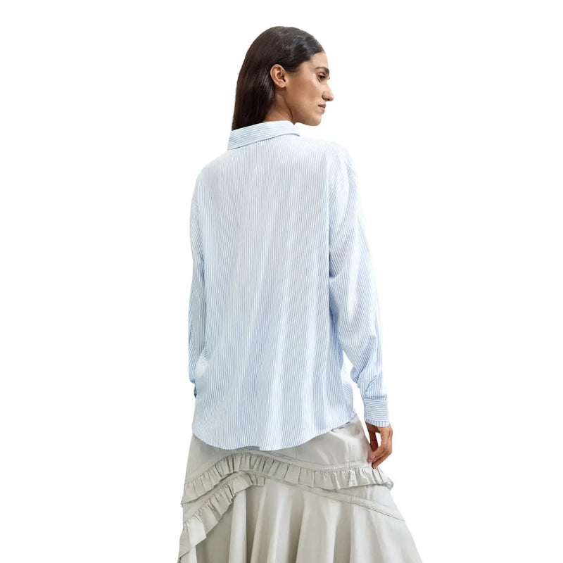 Desigual women viscose long shirt light blue with white vertical stripes and classic collar long sleeves button-up