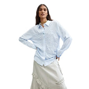 Desigual women viscose long shirt light blue and white striped with lace detailing and button-up long sleeves