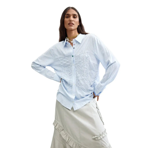 Desigual women viscose long shirt light blue and white striped with lace detailing and button-up long sleeves