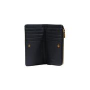 Desigual Damen-Geldbörse aus schwarzem Leder mit goldfarbenem Reißverschluss und Beschlägen, kleinem Reißverschlussknopf, 16 cm