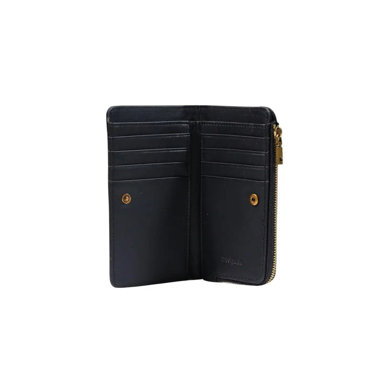 Desigual Damen-Geldbörse aus schwarzem Leder mit goldfarbenem Reißverschluss und Beschlägen, kleinem Reißverschlussknopf, 16 cm