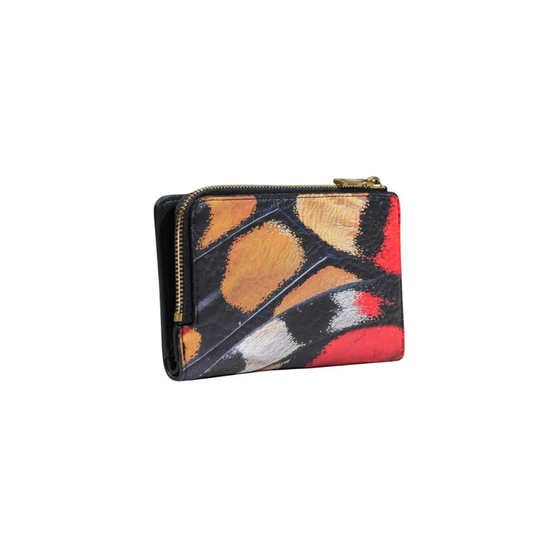 Desigual Damen-Geldbörse, schwarz, mit Reißverschluss und Knopf, klein, 16 cm breit, mit einem farbenfrohen, abstrakten Pinselstrich-Design in Orange, Rot und Schwarz.