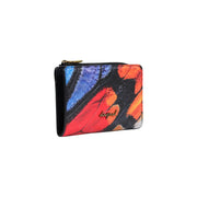 Desigual Damen-Geldbörse, schwarz, klein, 16 cm breit, mit Reißverschluss, Knopf, lebhaftem Schmetterlingsflügelmuster und goldenem Reißverschlussanhänger