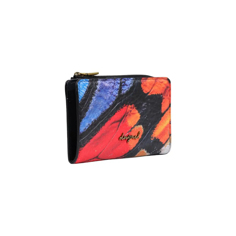 Desigual Damen-Geldbörse, schwarz, klein, 16 cm breit, mit Reißverschluss, Knopf, lebhaftem Schmetterlingsflügelmuster und goldenem Reißverschlussanhänger