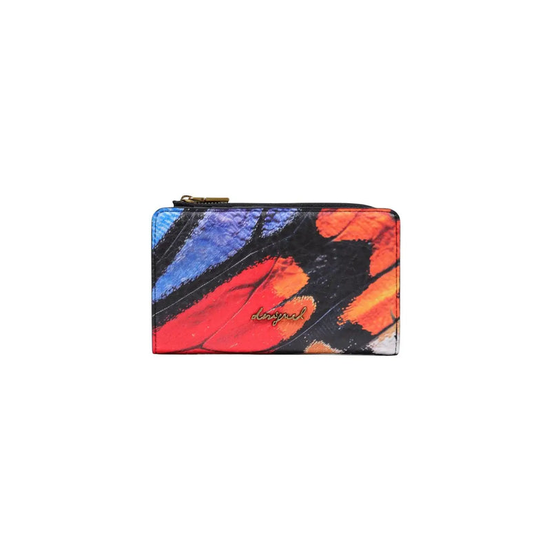 Desigual Damen-Geldbörse aus schwarzem Leder mit Reißverschluss, lebhaftem, mehrfarbigem Schmetterlingsflügelmuster und kleiner Größe (16 cm).