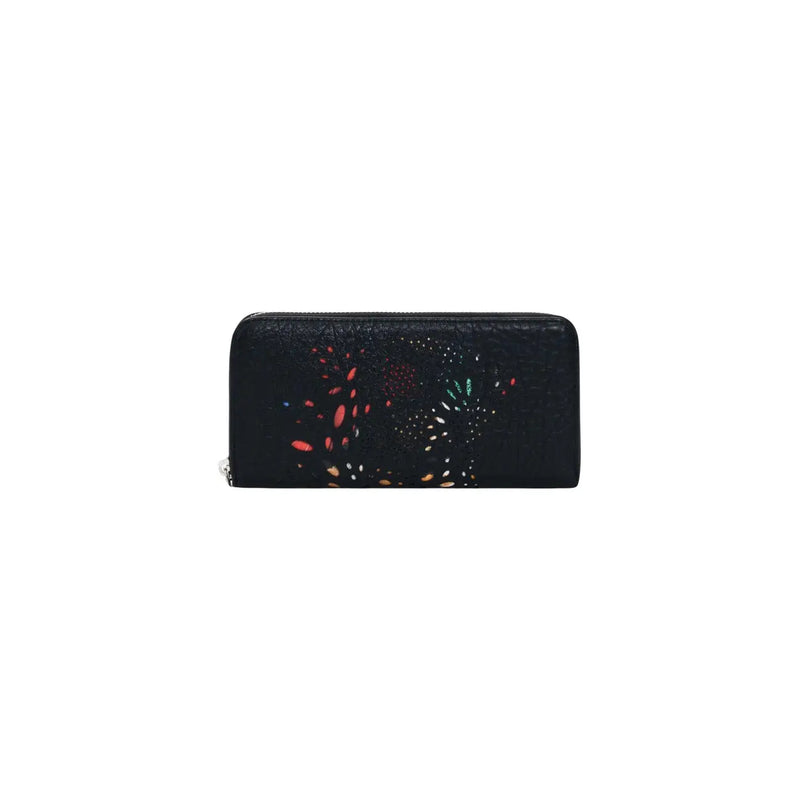Desigual Damen-Geldbörse, schwarz, mit strukturierter Oberfläche, farbenfrohem Feuerwerksmotiv und Reißverschlusstaschen, 21 x 10 x 2,5 cm