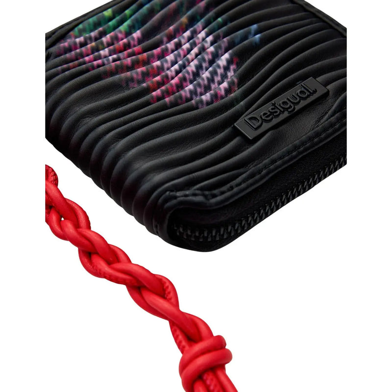 Desigual Damen-Geldbörse, schwarz, mit Reißverschluss, aus Polyester, mit farbenfrohem abstraktem Muster und rotem geflochtenem Riemen, 10 x 11 x 2 cm