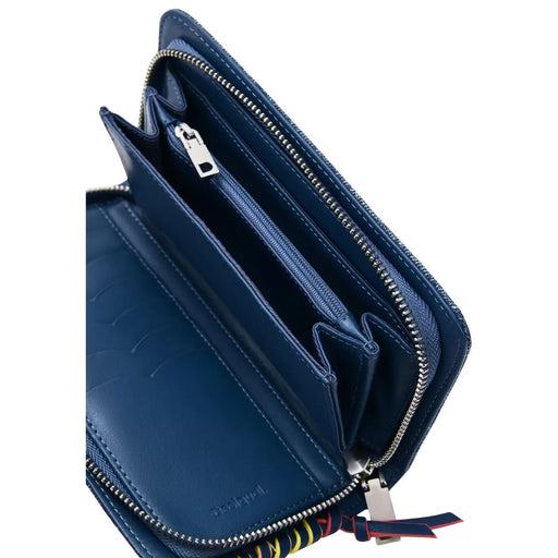 Dunkelblaue Desigual Damen-Geldbörse aus Leder mit silberfarbenen Reißverschlüssen und farbig gestreiften Zippern, 19 x 11 x 2,5 cm