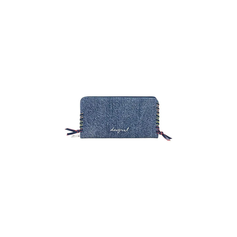 Hellblaue Desigual Damengeldbörse aus Baumwolle mit Denim-Struktur, farbigen Schleifenbändern und dezentem Designerlogo, 19 x 11 x 2,5 cm