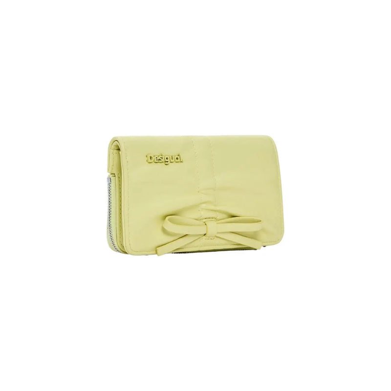 Desigual Damen-Geldbörse aus gelbem Leder mit zentraler Schleife und goldener Schrift, Reißverschlussfächer, 16 x 10 x 1,5 cm