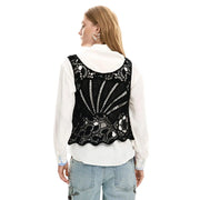 Black lace vest with intricate floral and radiating pattern paired with desigual women white cotton classic button shirt