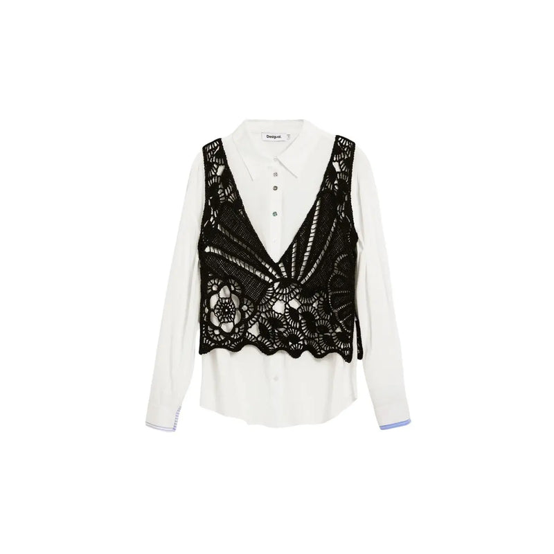 Black lace vest with intricate floral patterns worn over desigual women white cotton classic button shirt
