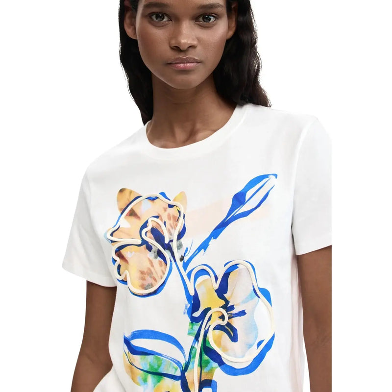 Desigual Damen-T-Shirt aus weißer Baumwolle mit Rundhalsausschnitt und auffälligem abstraktem Blumenmuster in Blau-, Gelb- und Beigetönen