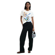 Desigual Damen-T-Shirt aus weißer Baumwolle mit Rundhalsausschnitt und farbenfrohem Blumenmuster auf der Vorderseite
