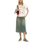 Desigual women white cotton short sleeve t shirt with round neck and stylized face graphic print