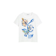 Desigual Damen-T-Shirt aus weißer Baumwolle mit Rundhalsausschnitt und kurzen Ärmeln, blau-gold-grünem floralem Aquarellmuster und Markennamen