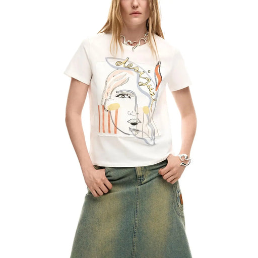White cotton round neck short t shirt by Desigual with short sleeves and stylized face graphic in orange yellow and gray accents
