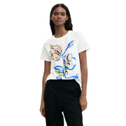 Desigual Damen-T-Shirt aus weißer Baumwolle mit Rundhalsausschnitt und lebhaftem abstraktem Blumenmuster in Blau, Gelb und Grün.