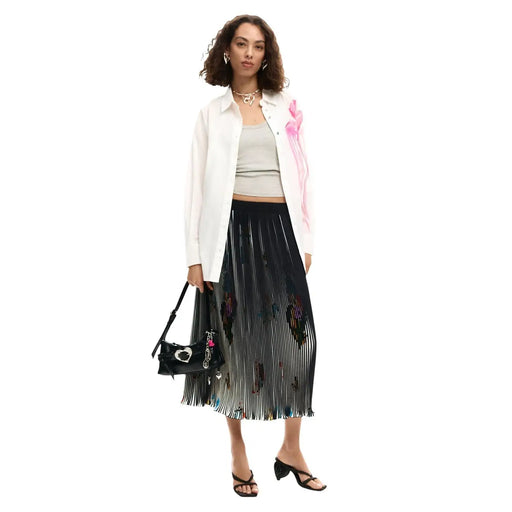 Black fringed pleated midi skirt with iridescent sequin embellishments paired with desigual women white floral cotton long shirt round neck