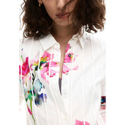 Desigual women white floral cotton long shirt with vibrant pink blue and green watercolor print and round neck