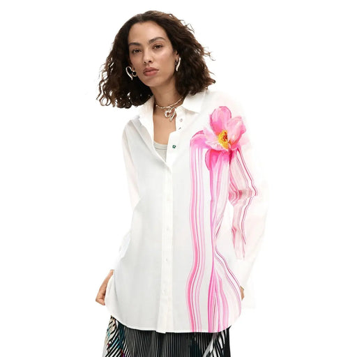 Desigual women white cotton long button-up shirt with vibrant pink floral design and flowing stripes on sleeve