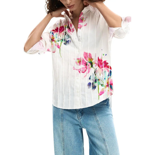 Desigual women white cotton long button-up shirt with vibrant watercolor floral print and vertical pleats
