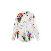 Desigual women white long cotton shirt with vibrant floral and botanical print in pink orange yellow green purple