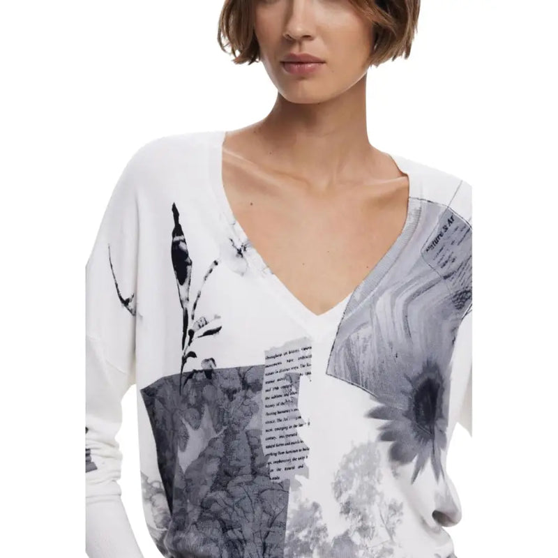 Women’s white V-neck long-sleeve knitwear with black and gray abstract floral print