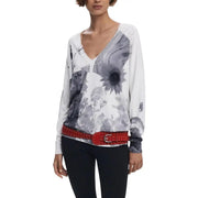 Women’s white floral long-sleeve V-neck knitwear with abstract print and text detail