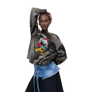 Desigual Damen-Sweatshirt aus weißem Strickgewebe mit normaler Passform, schwarz-weiß gestreift, aus Acrylmischung, mit bunter Mickey- und Minnie-Maus-Stickerei