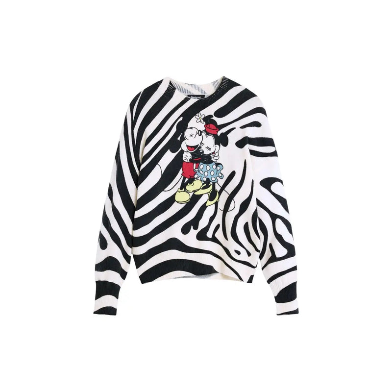 Desigual Damen-Strickpullover in Weiß und Schwarz mit Zebrastreifen und farbenfrohem Mickey- und Minnie-Mouse-Motiv aus Acrylmischung
