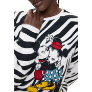 Desigual Damen-Strickpullover in Weiß, normale Passform, Acrylmischung, mit schwarz-weißen Zebrastreifen und gesticktem Mickey- und Minnie-Motiv