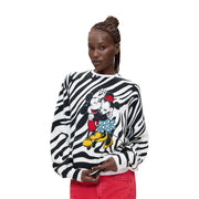 Desigual Damen-Sweatshirt aus weißem Strickgewebe mit normaler Passform, Acrylmischung, schwarz-weißen Zebrastreifen und bunter Mickey- und Minnie-Maus-Stickerei.