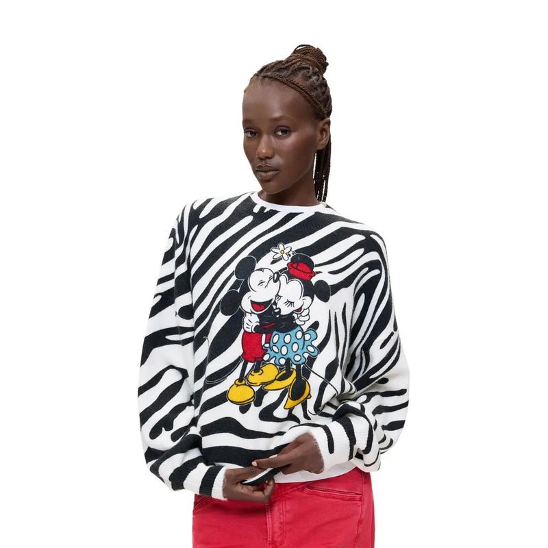 Desigual Damen-Sweatshirt aus weißem Strickgewebe mit normaler Passform, Acrylmischung, schwarz-weißen Zebrastreifen und bunter Mickey- und Minnie-Maus-Stickerei.