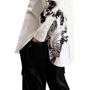 Desigual women white long cotton shirt with classic round neck and bold black and white stylized animal face print