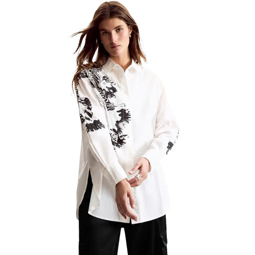 Desigual women white long cotton shirt with bold black abstract leaf patterns on shoulders and sleeves