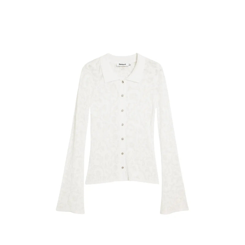 White textured knit cardigan with collar and button front complementing desigual women white viscose classic shirt