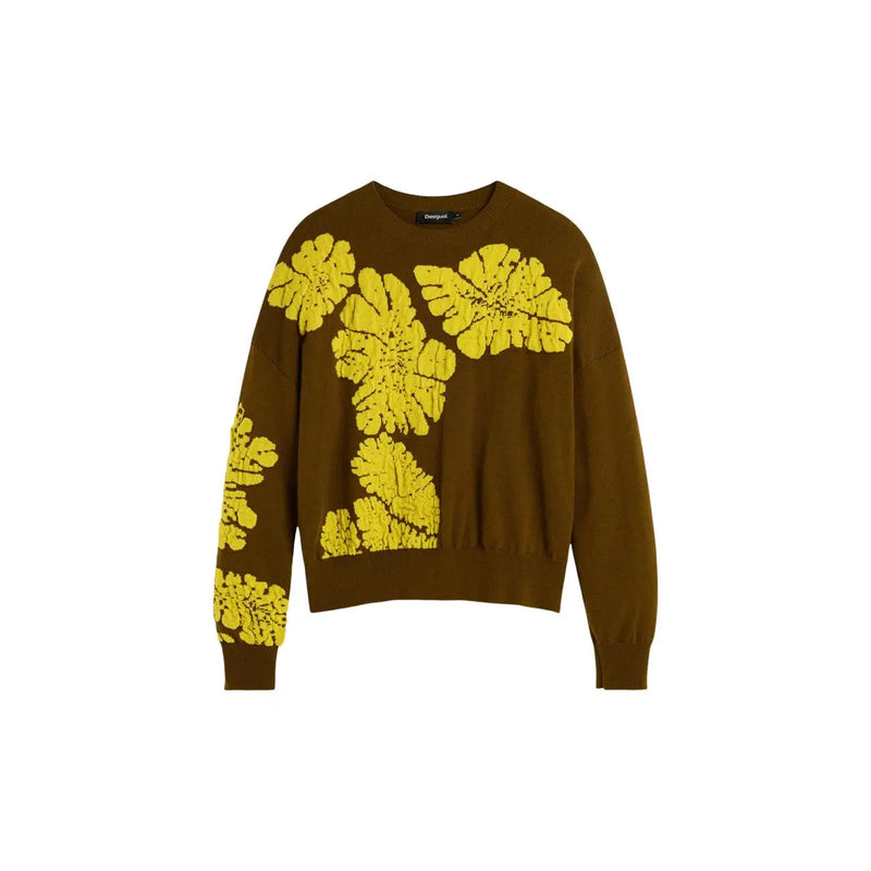 Desigual Damen-Strickpullover aus Wollmischung in Grün mit braunen Fransen im Van-Noten-Stil und auffälligem gelbem Blumenmuster